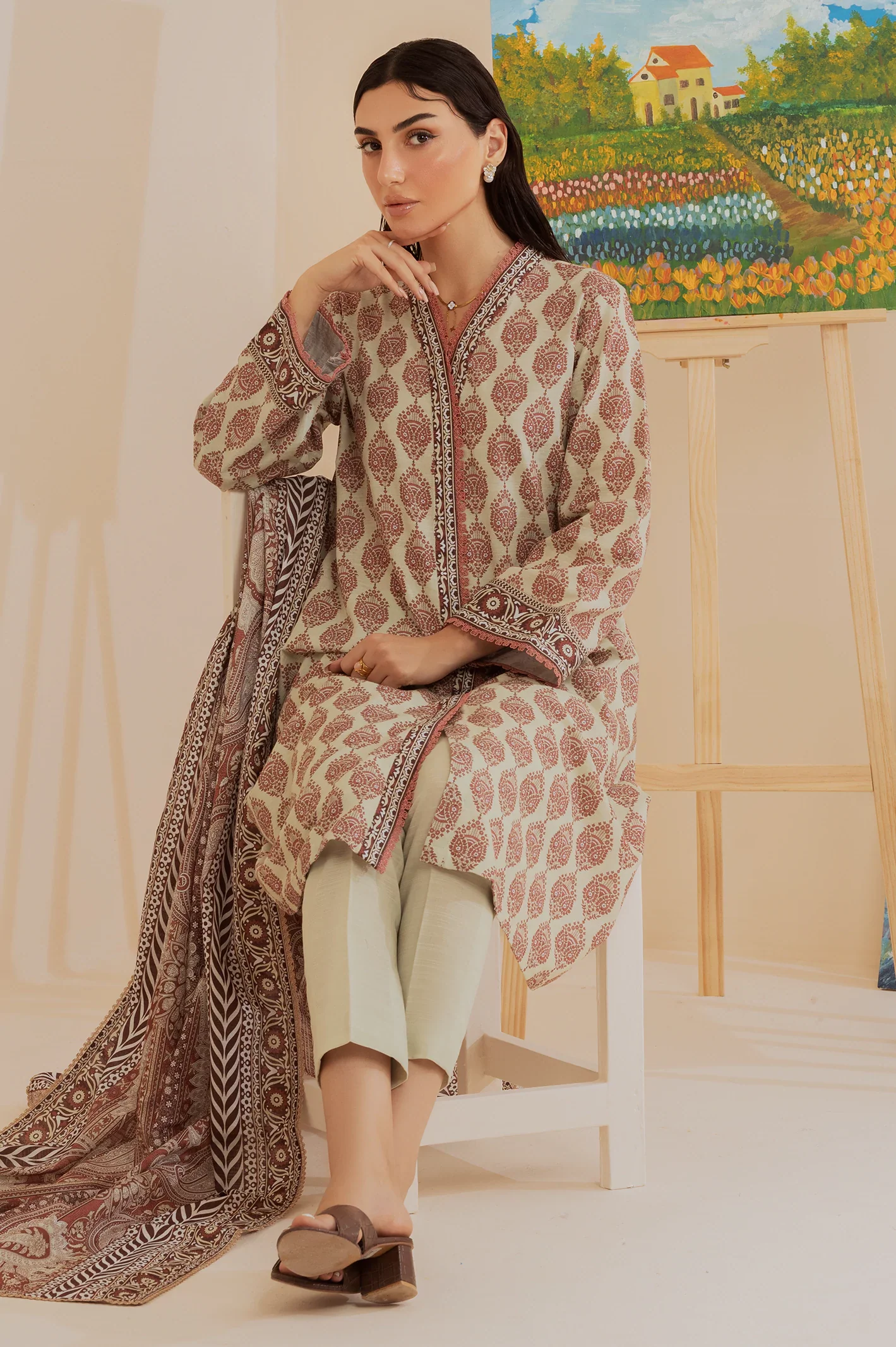 Beige Printed 3PC Unstitched - Image 2