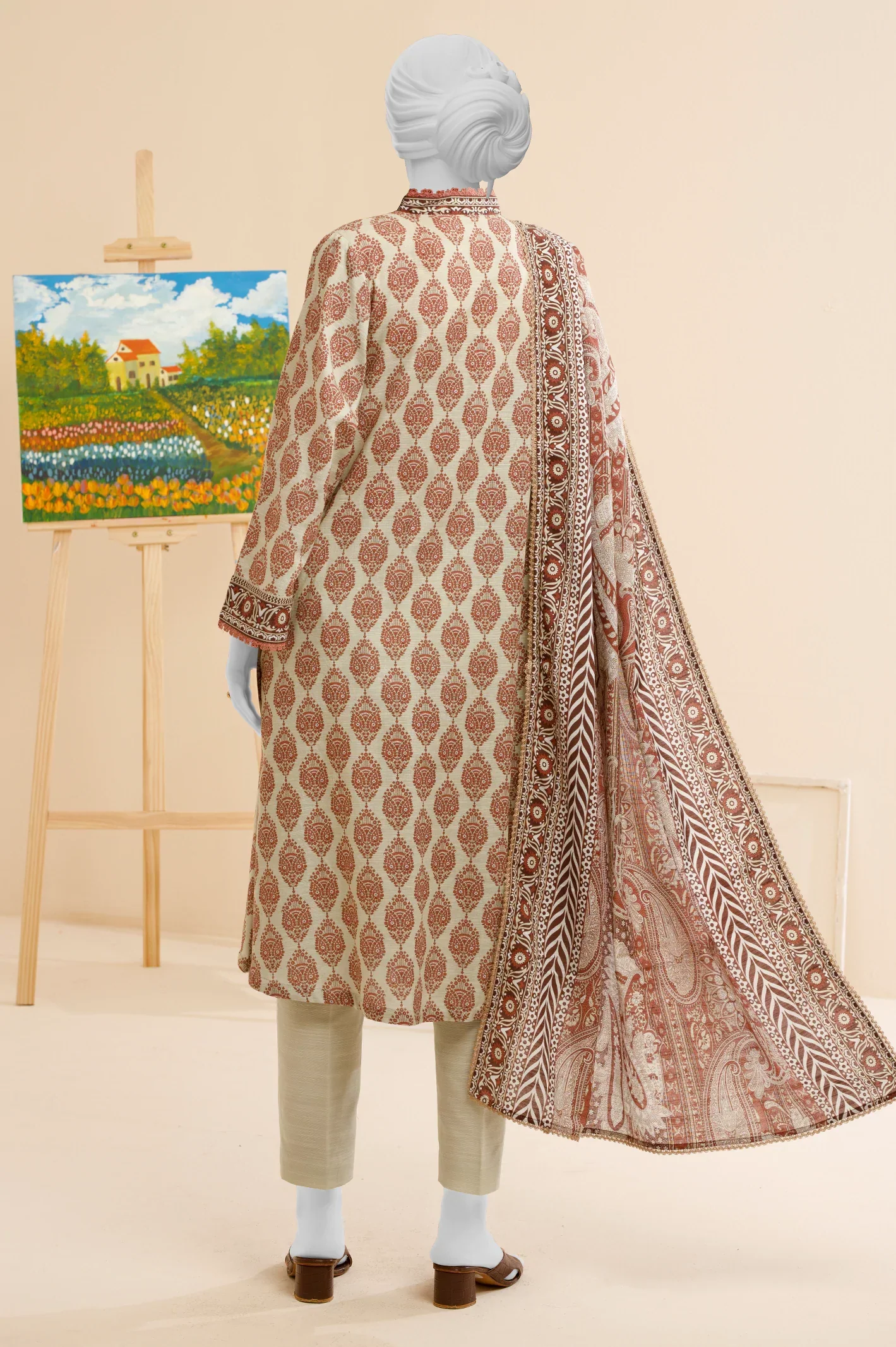 Beige Printed 3PC Unstitched - Image 3