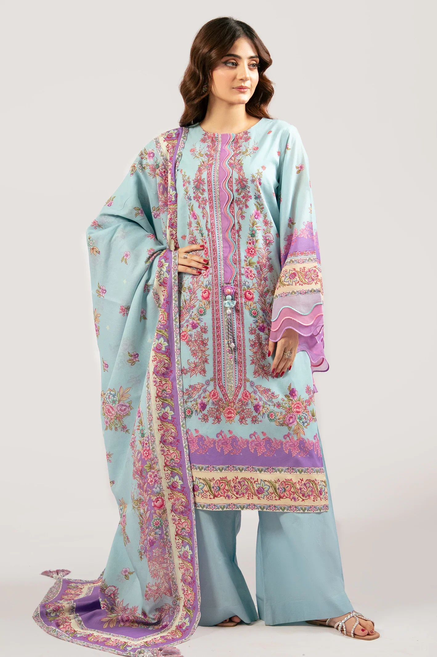 Light Blue Printed 3PC Unstitched - Image 2