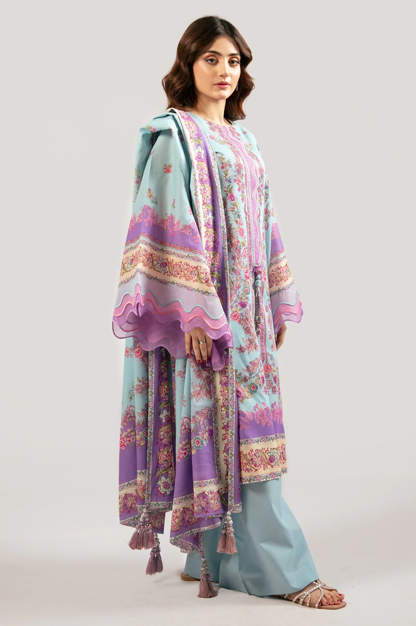 Light Blue Printed 3PC Unstitched - Image 4