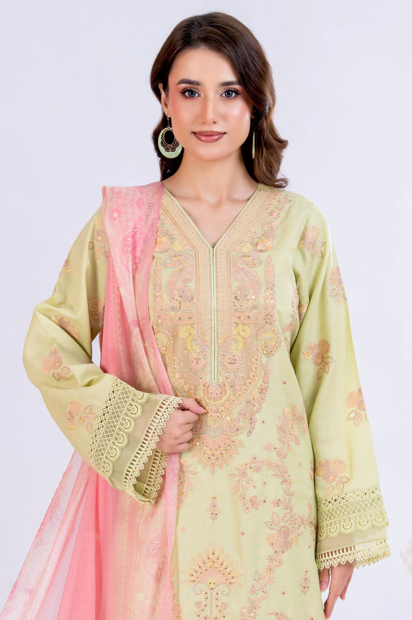 Lime Green Embroidered 3PC Unstitched Suit - Image 2
