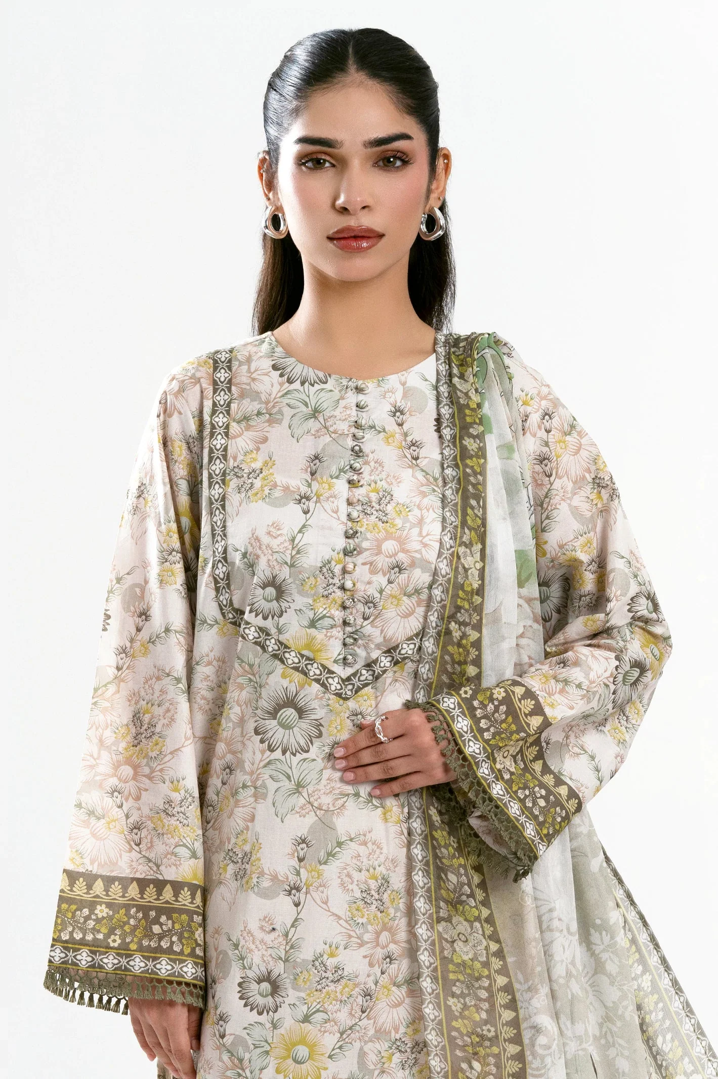 Printed Lawn-Cream Unstitched 3PC - Image 5