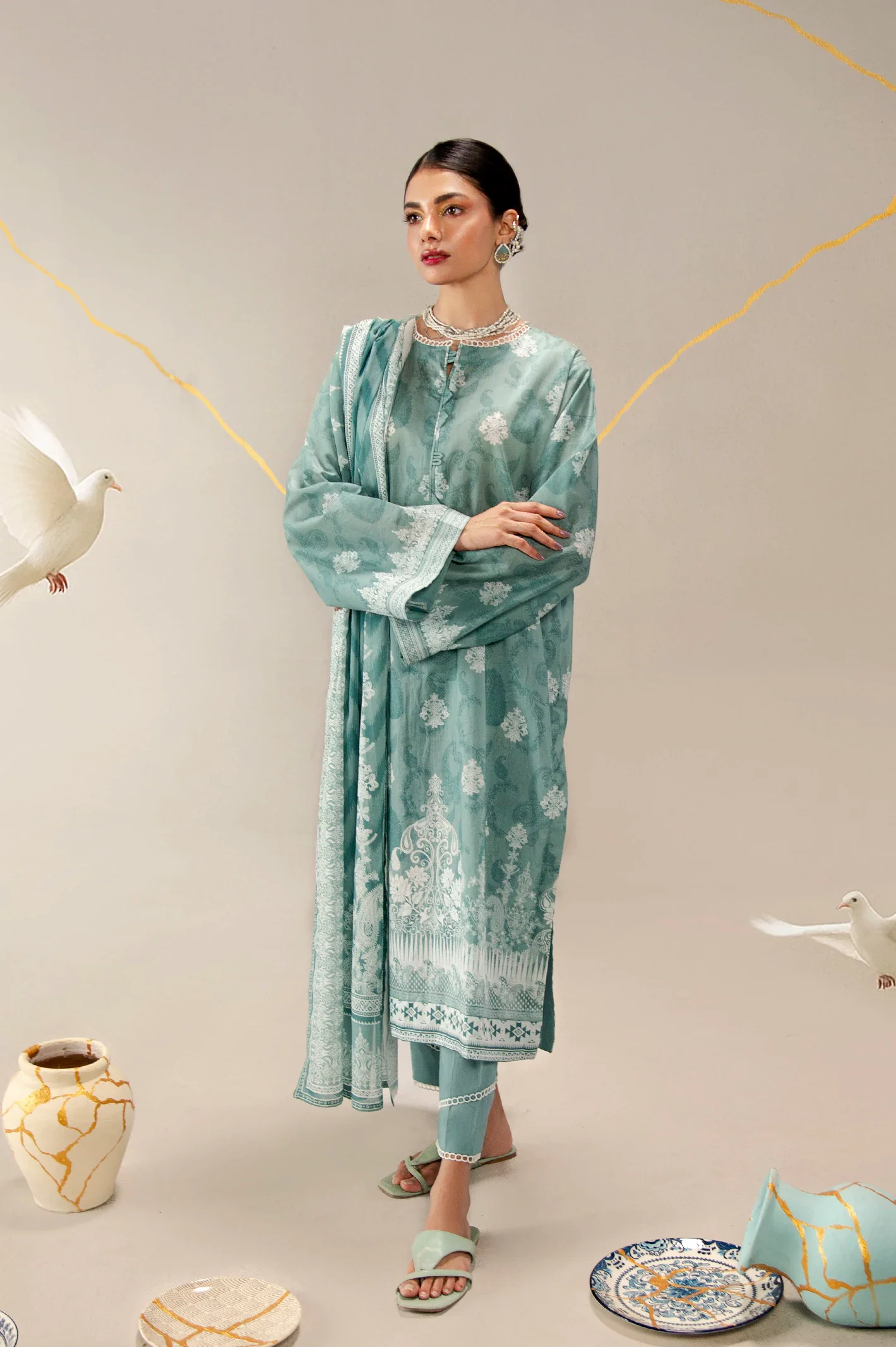 Printed Lawn-Turquoise Unstitched 3Pc - Image 3