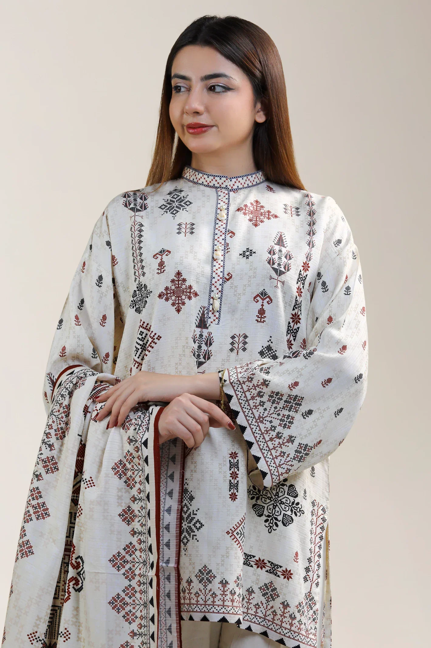 Beige Printed 3PC Unstitched - Image 7