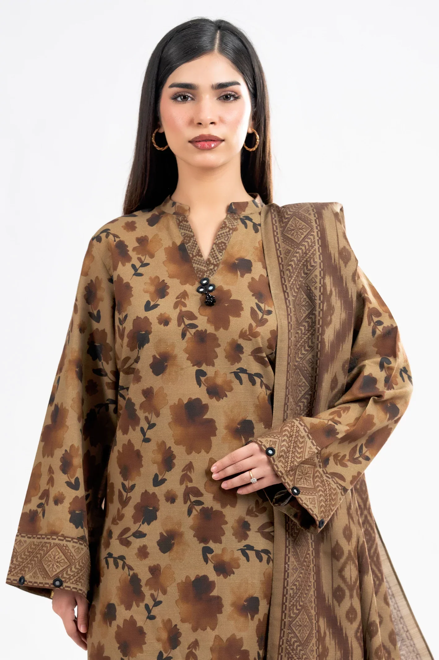 Printed Khaddar-Mustard Unstitched 3PC - Image 2