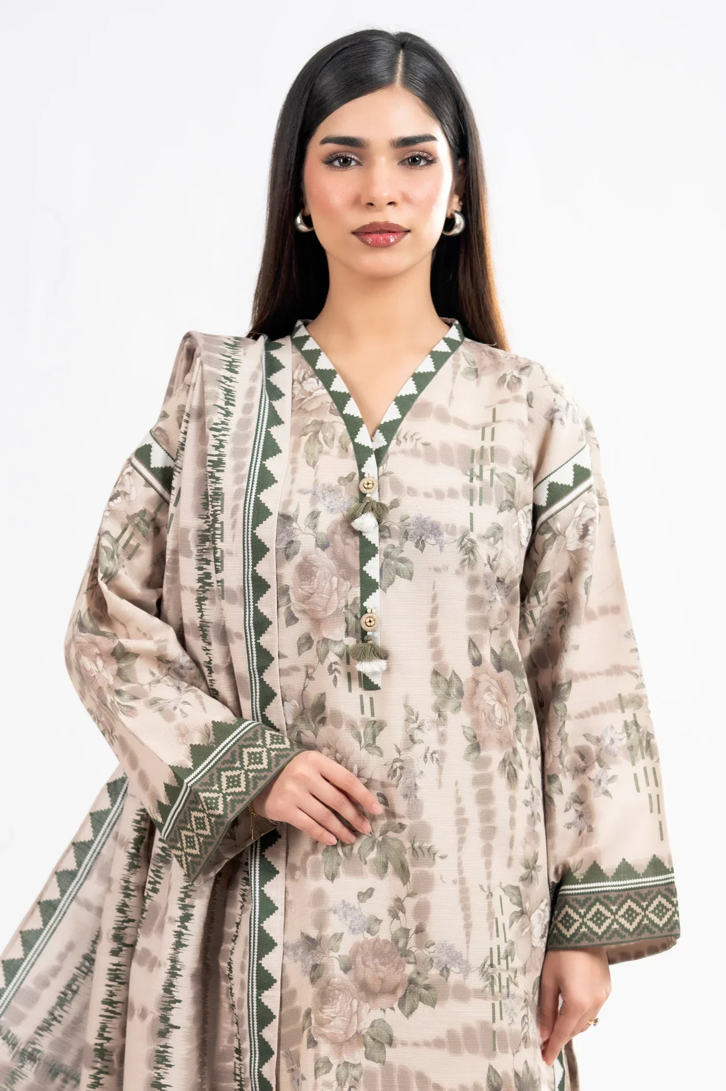 Printed Khaddar-Beige Unstitched 3PC - Image 2