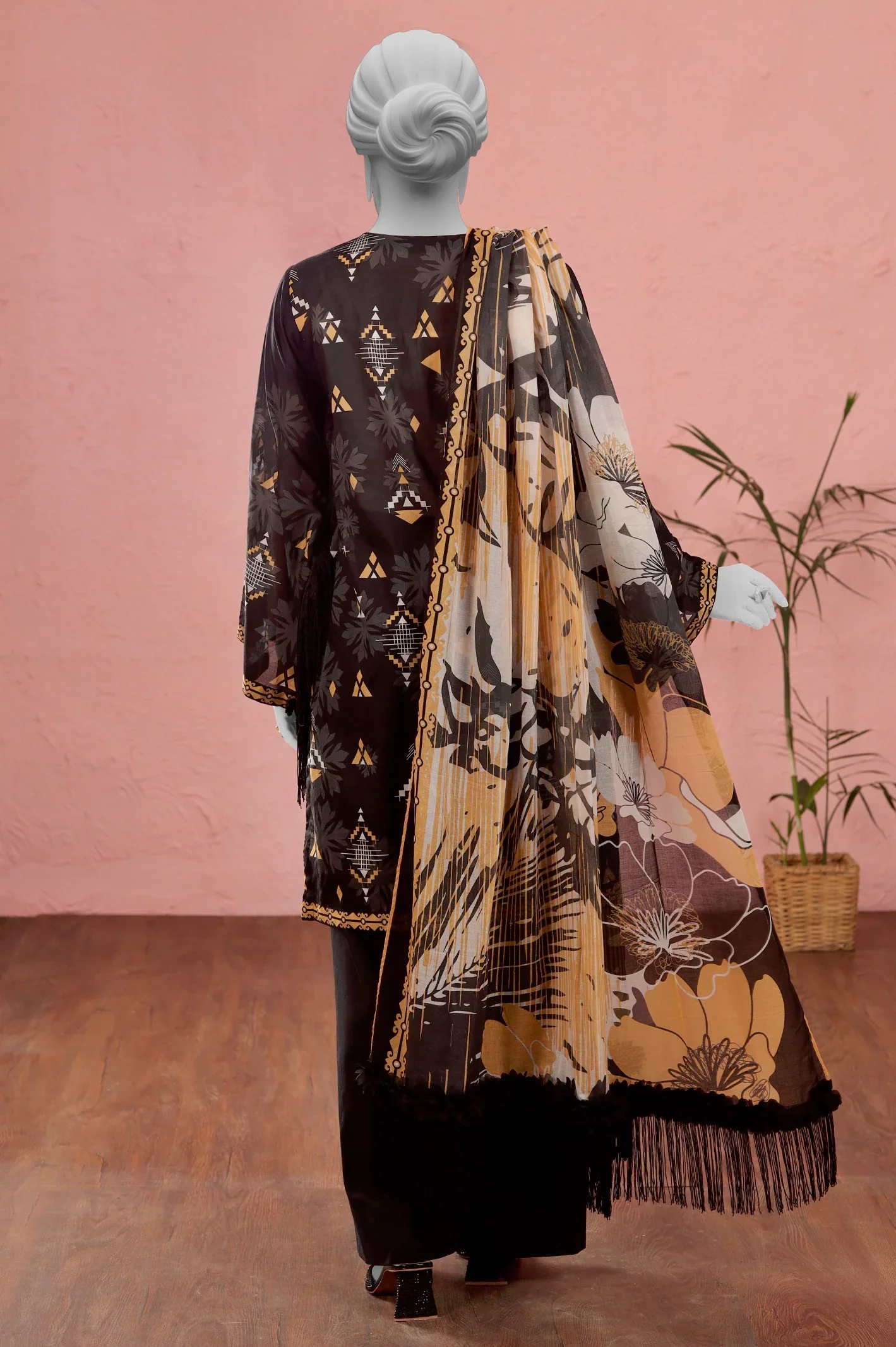 Black Printed Unstitched Kurti With Dupatta - Image 3